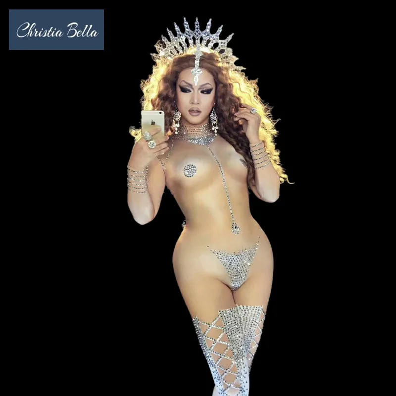 Женский комбинезон со стразами Christia Bella телесного цвета с серебристыми