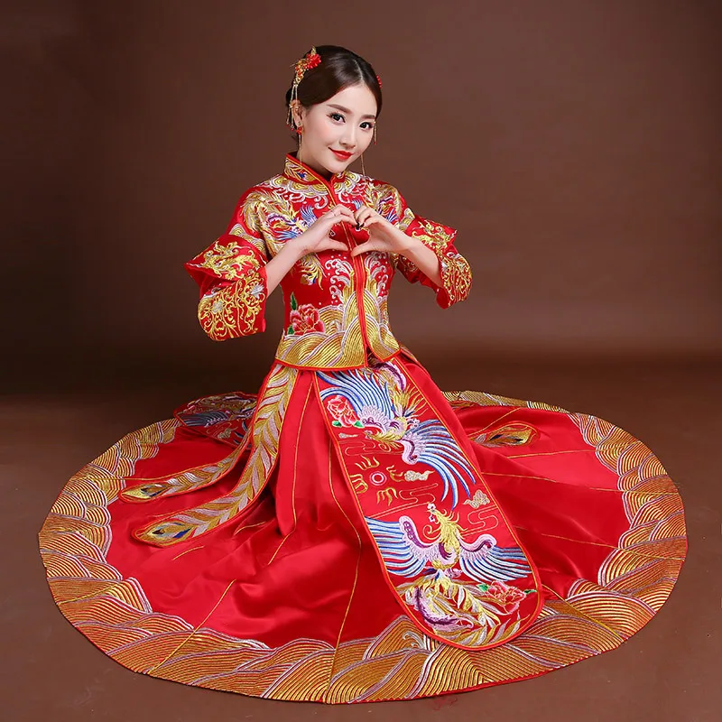Красный Qipao Для женщин невесты традиционные свадебное платье 2018 новый китайский Феникс Платье с вышивкой Cheongsam Стиль Chinois Femme