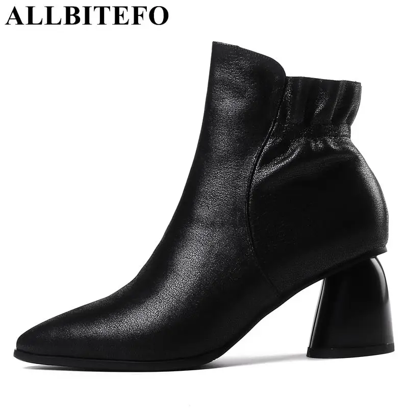 

ALLBITEFO size:33-43 genuine leather thick heel women boots fashion brand high heels ankle boots women winter snow boots
