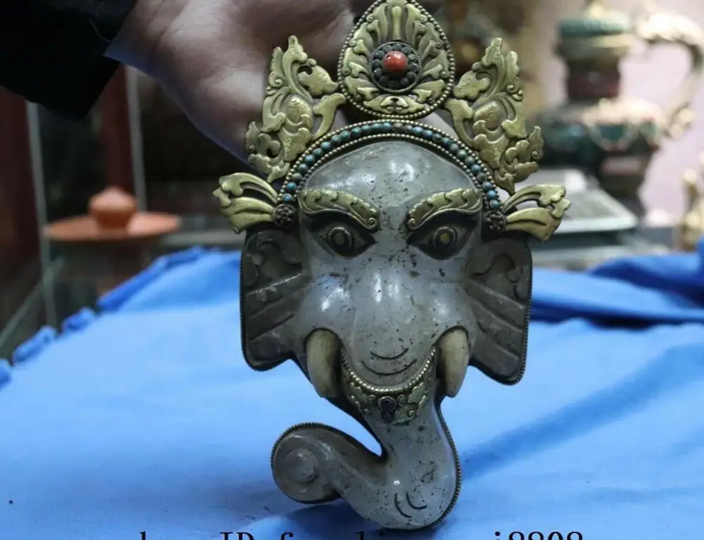 

Tibetan Old Copper Gold Gilt Inlay Turquoise Coral Crystal Elephant Head Statue