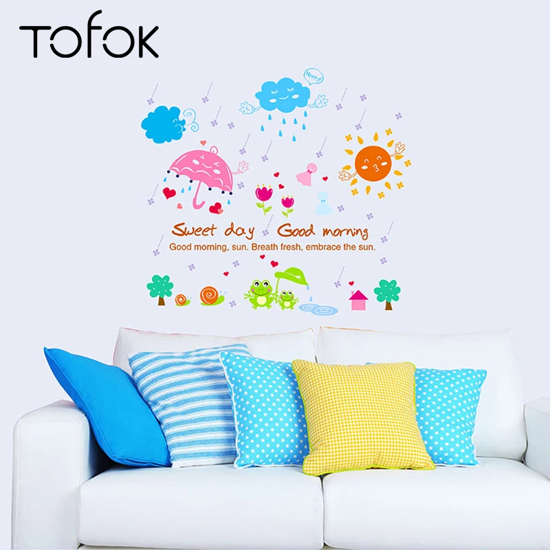 Tofok الكرتون الضفدع الشمس جدار ملصقا الحلو أيام الطفل الأطفال غرفة مضحك جدارية الشارات PVC الثلاجة دولاب خزانة ديكور لصق