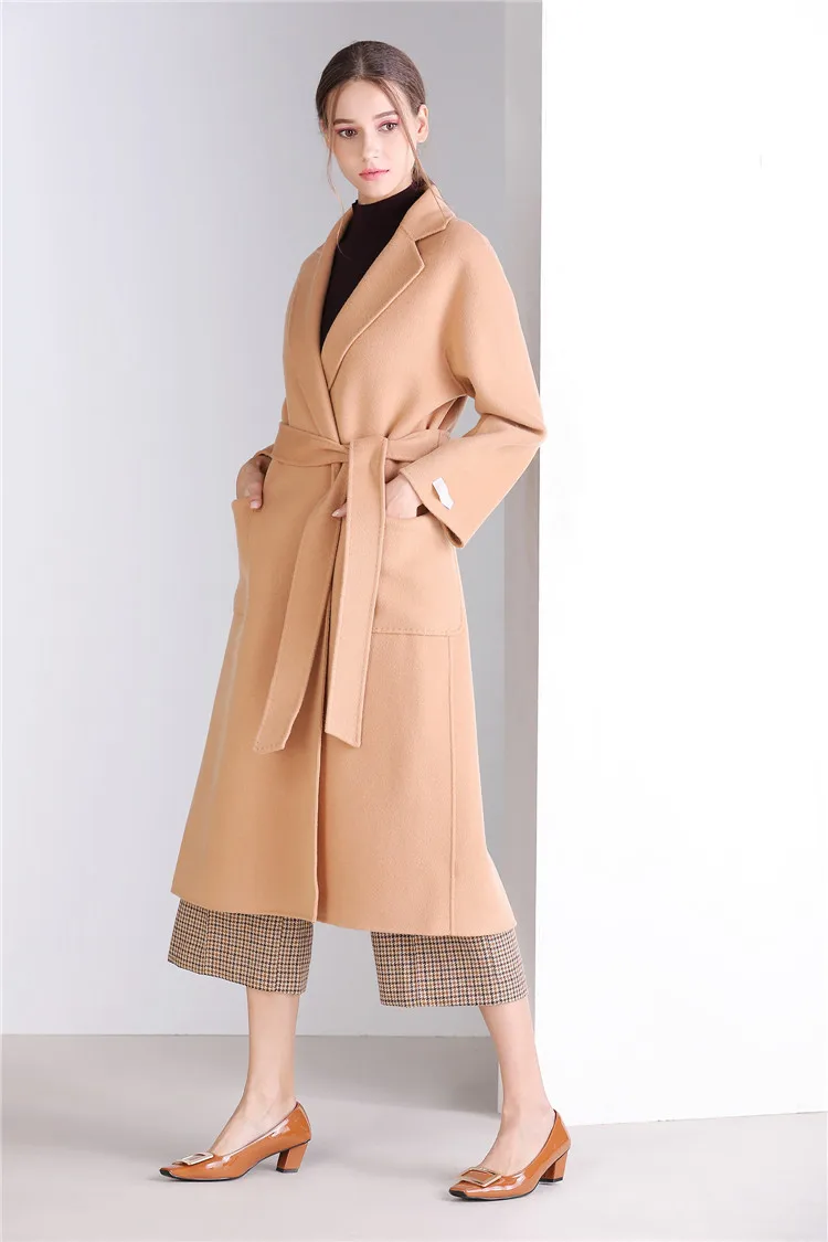Eupope New Sided Handmade Lapel Lacing Belt Color sólido lana abrigo mujer abrigo 2017 otoño e invierno abrigo Mujer - 4