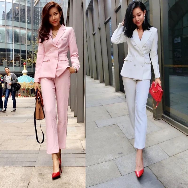 

Fashion Women Double Breast Blazer Suits Office Lady Sets Two-piece Work Set Long Sleeve Suit Jacket & Straight Pant Outfits