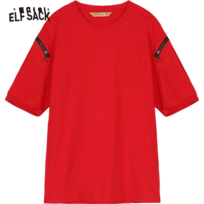 Женские хлопковые топы с молнией ELF SACK, красная уличная женская футболка, свободный повседневный топ с круглым вырезом, одежда большого размера для весны и лета - Цвет: Красный