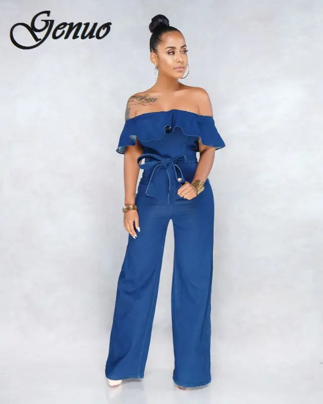 New Denim Rompers Womens Jumpsuit 2019 Summer Sexy Slash Neck Off Shoulder Ruffles Playsuit Plus Size Wide Leg Pants Overalls New Denim Rompers Womens Jumpsuit 2019 Summer Sexy Slash Neck Off Shoulder Ruffles Playsuit Plus Size Wide Leg Pants Overalls