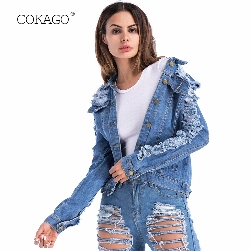 

COKAGO Women's Denim Jacket 2019 Autumn Casual Hole Pocket Single Breasted Oversized Jean Jacket Women Streetwear Coat Female
