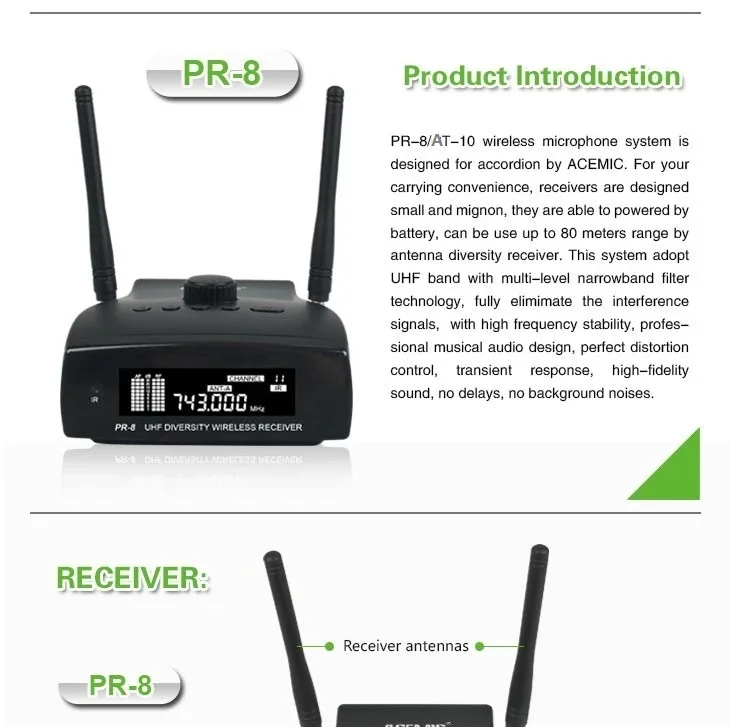 Высокая точность Acemic PR-8/AT-10+ MINI-BP UHF Беспроводной аккордеон микрофонная система беспроводной инструмент микрофонная система