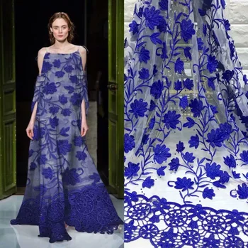 

10colors royal blue on Mesh embroidery Lace beads rhinestones Fabric For dress/Clothes/Events dress lace fabric 5 yards