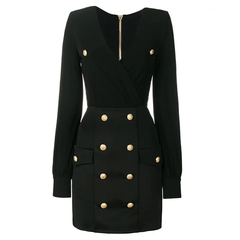 

Celebrity Style European American Design Sexy V-neck Double Breasted Buttons Solid Color Sheath Straight Slim Dress High Quality