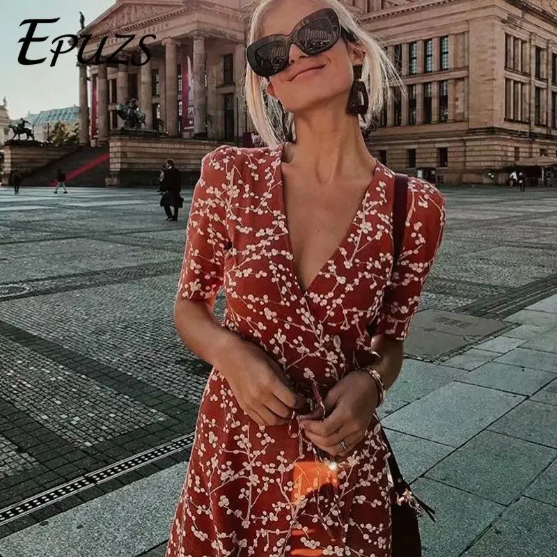 

vintage floral print midi dress women short sleeve causal sexy wrap dress boho chiffon beach party dresses korean vestidos 2019