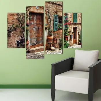 

4 Pieces Canvas Painting Streets Of Old Flower Door Window Canvas Poster Print for living room home wall decoration no frame