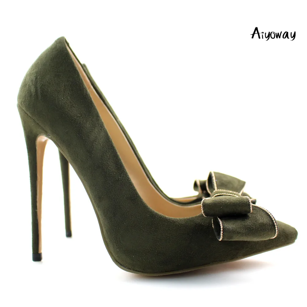 

Bow Pointed Toe Green Faux Suede High Heel Women Pumps Evening Party Dress Shoes 12cm 10cmUS Size 5-15 Aiyoway Elegant Ladies
