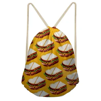

THIKIN Cartoon Sandwich Hot dog Cute Patterns Women Men Unisex skull 3D Printing String Bags Travel Storage Pouch For Teenagers