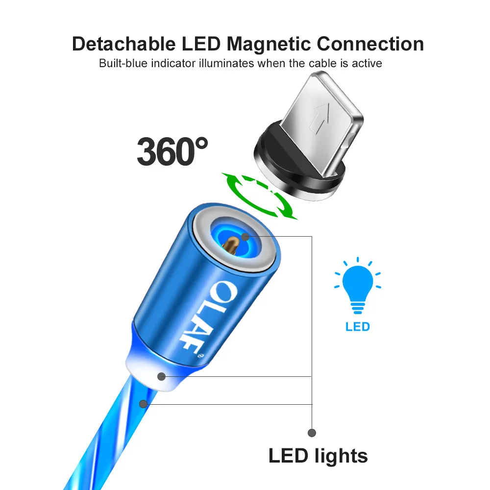 OLAF LED Magnetic USB Cable for iPhone Xs Max 8 7, USB Type C Cable, Micro USB Cable for Xiaomi Samsung Huawei USB C Charging OLAF iPhone Magnetic Cable 