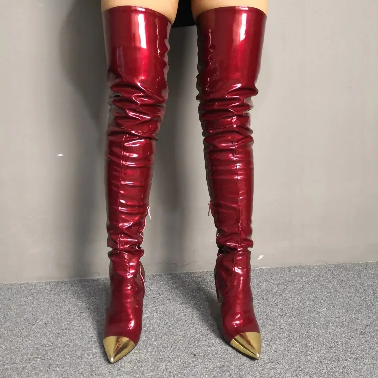 Женские ботфорты выше колена, сапоги на тонком высоком каблуке с острым носком, великолепная Клубная обувь винно-красного цвета, женская обувь, большие американские размеры 5-15