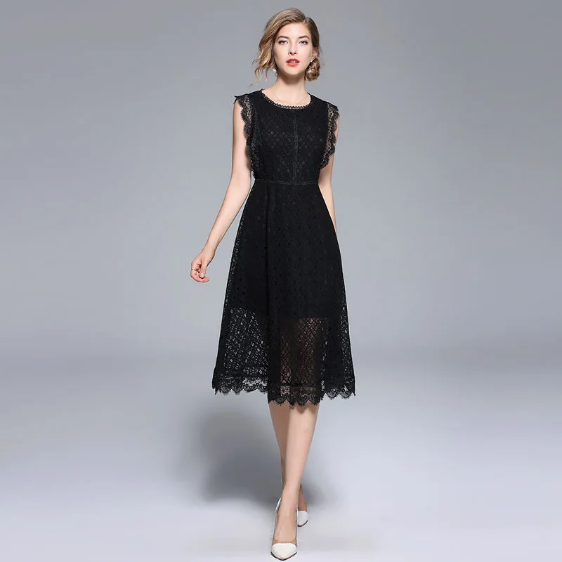 

Black Lace Sleeveless Ruffles Slim Tunic Midi Dress Women Elegant Vintage Sweet Office Party Beach Dress Summer Sundress Clothes