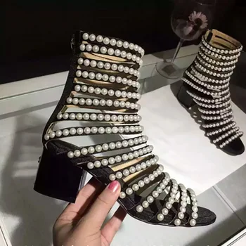 

Sexy Peep Toe Women Sandals Stripper Woman Ankle Boots Pearls Striped High Heels Brand Runway Shoes Woman Cut Out Short Boots