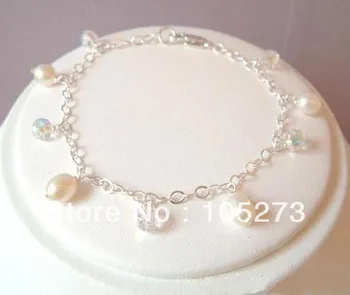 

New Arriver Sterling Silvers Crystal And Natural Freshwater Pearl Charm Bracelet Handmade Jewellery 4-9mm 8'' New Free Shipping