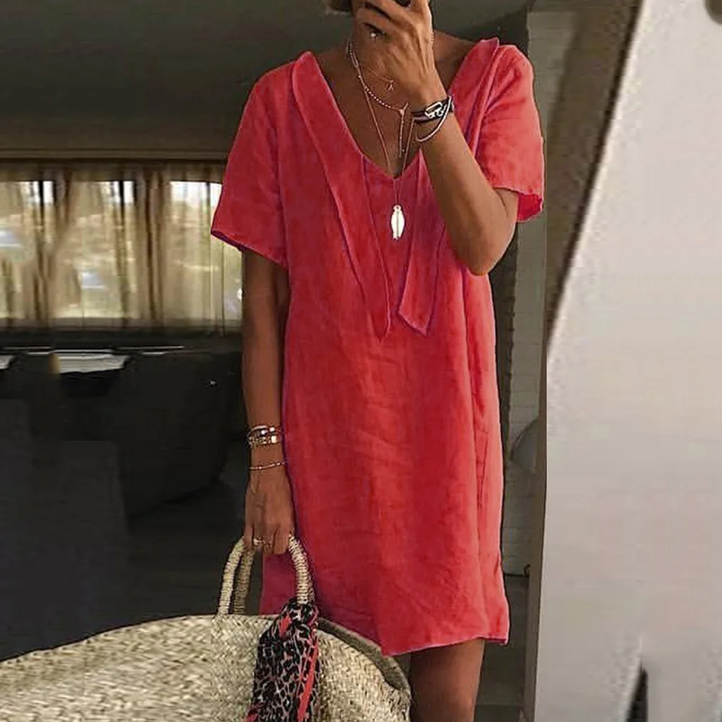 

T-shirt women's Dress short-sleeved V-neck Casual Dress Solid Color Sports Runway Dress Short Fashion Mini Dresses Vestidos S