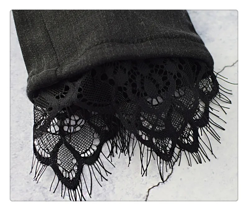 European and American women's wear high waist slender body elastic wash knees broken holes jeans nine trouser leg stitching lace super popular (15)