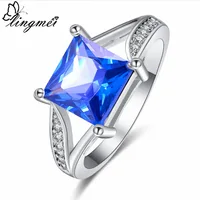 lingmei New Arrival High Quantity Princess Blue Cubic Zirconia Silver Color Ring Size 6 7 8 9 Fashion Women Jewelry Party Gift