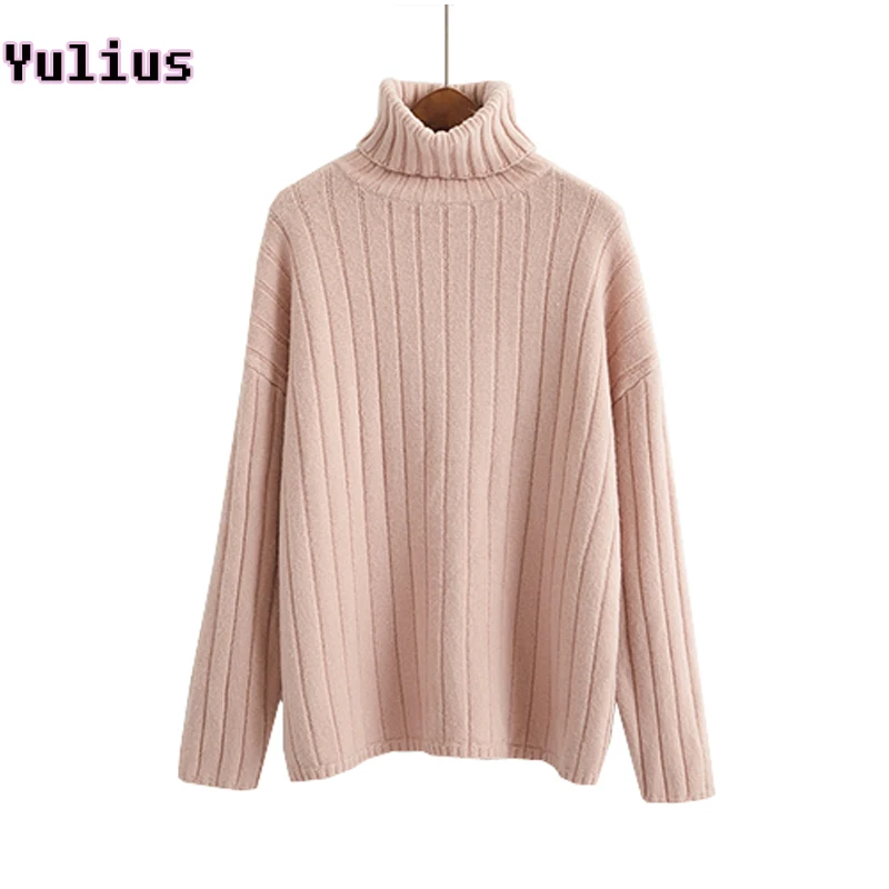 Soft Rabbit Hair Knitted Pullover Solid color Stripes Loose Turtleneck Women Sweater 2019 Winter New Fashion Warm Pullovers | Женская