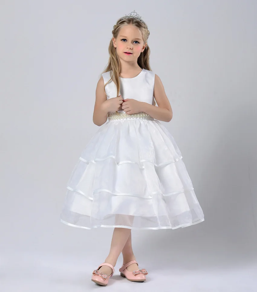 Factory Wholesale 2 12 years Girl Party Dress 2016 New Scoop Beaded Organza Tea Length Flower