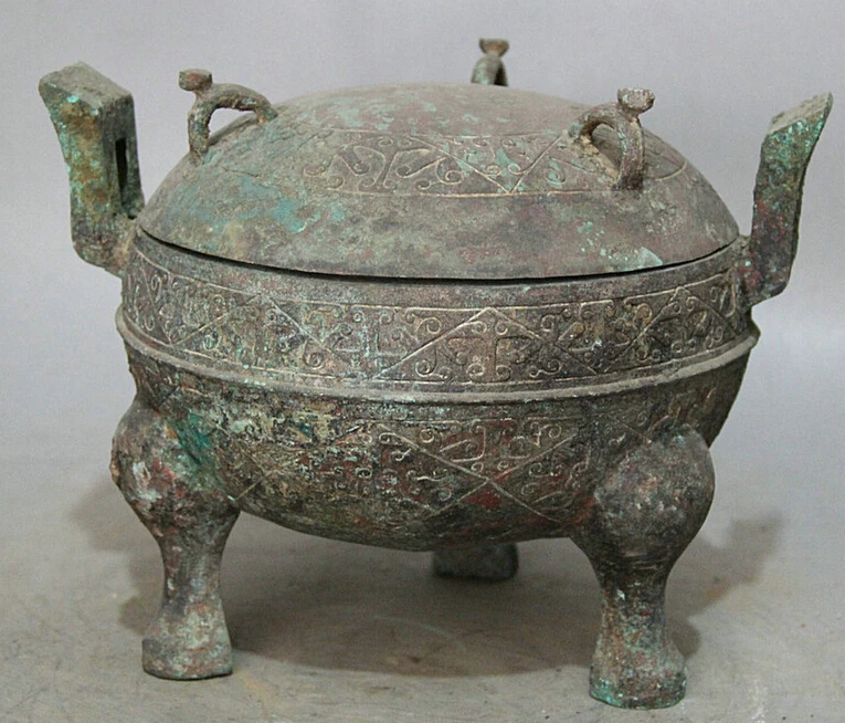 

song voge gem S2236 10" Ancient Chinese dynasty Bronze 3 Foot handle water food vessel Pot Jar Crock