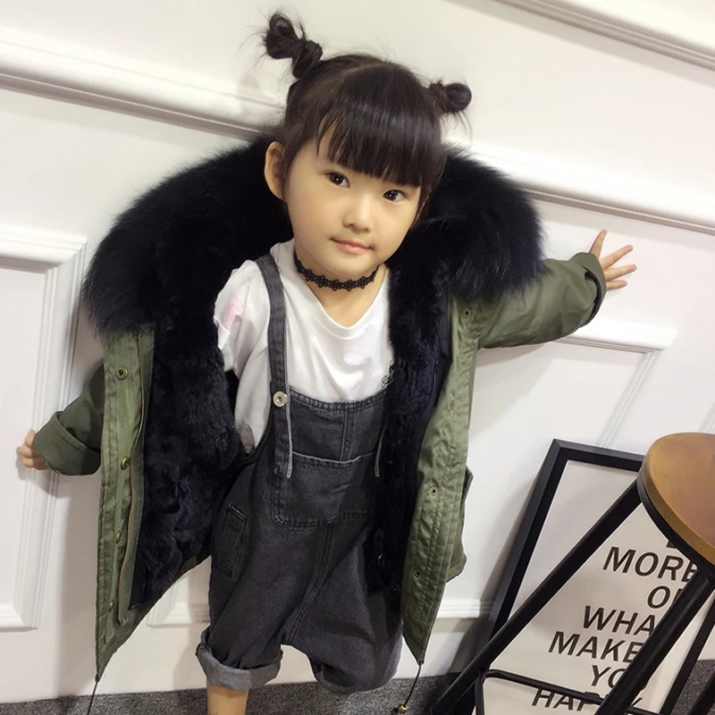 Army Green Coat Fur Jacket Girls Winter Clothes Rabbit Fur Kids Parkas Real Raccoon Fur Hooded Children Jacket For Girls TZ90