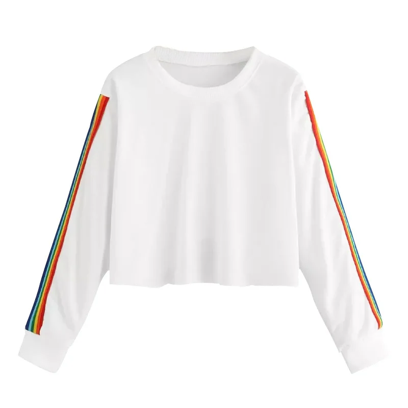 

Women Autumn Winter O-neck Plus Size Loose Long-sleeved Short Color strip Sweatshirt Sweet Tops 2018 newest