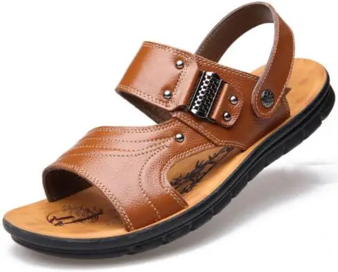 Мужские сандалии из натуральной кожи; новые летние модные винтажные пляжные туфли на плоской подошве; дышащая обувь; нескользящая обувь