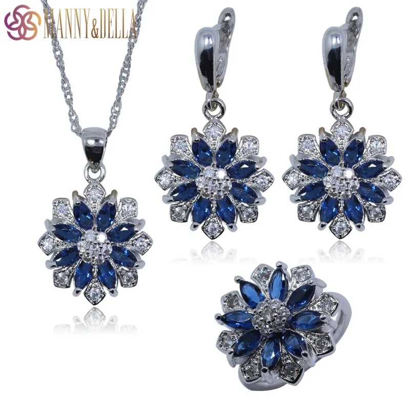 

Occident 925 Sterling Silver Jewelry Set For Women Flower Blue Zircon Earrings/Pendant/Necklace Chain/Ring TZ113