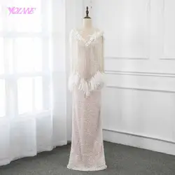 Мода 2019 г. телесного цвета длинные Бисер Перья карнавальное вечернее платье платья для женщин YQLNNE