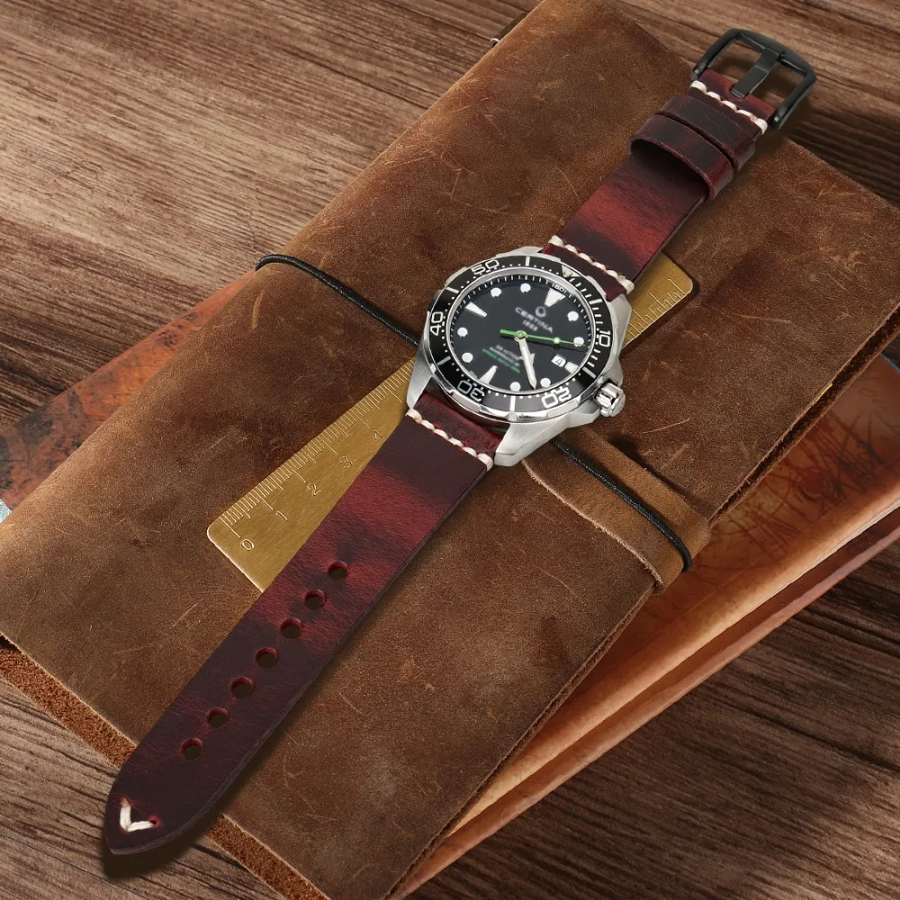 Skup MAIKES Vintage skórzany pasek do zegarka Greasedleather zegarek akcesoria bransoletka 20mm 22mm 24mm moda czerwony pasek do zegarka dla Omega