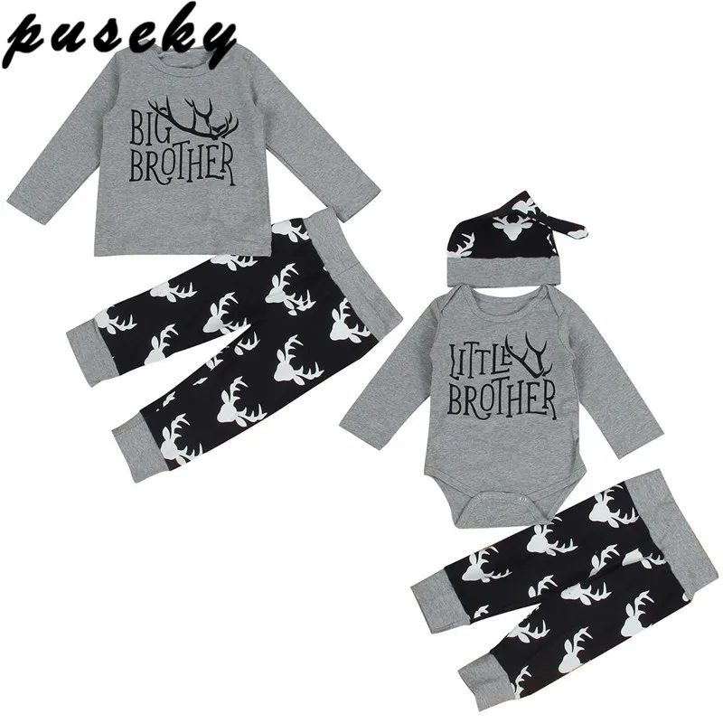 

Puseky 2017 Autumn Brothers Match Clothes Little Brother Romper Big Brother T-shirt Tops+Deer Long Pant Hat Family Match Clothes