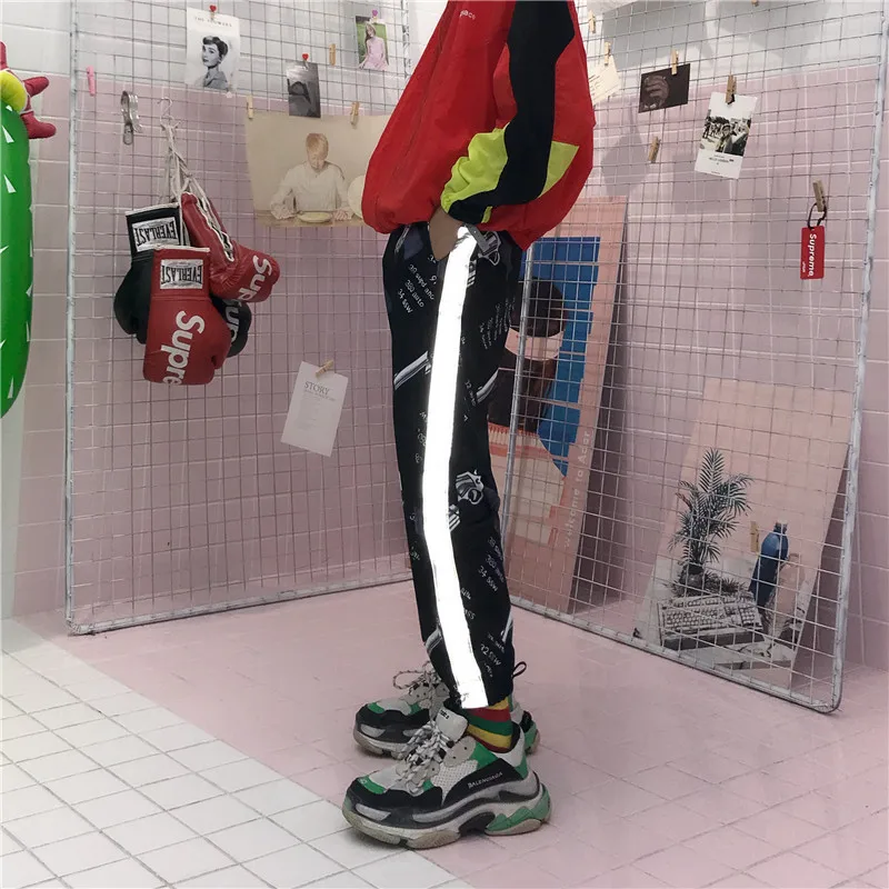 Женские свободные брюки Ulzzang Harajuku в Корейском стиле со светоотражающими