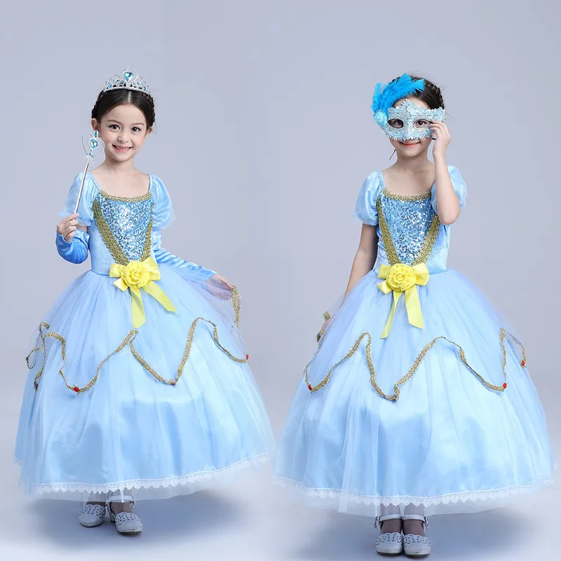 Spring Bow Kids Girls Wedding Dress Cinderella Princess Kids Clothing Blue Mesh Lace Bow