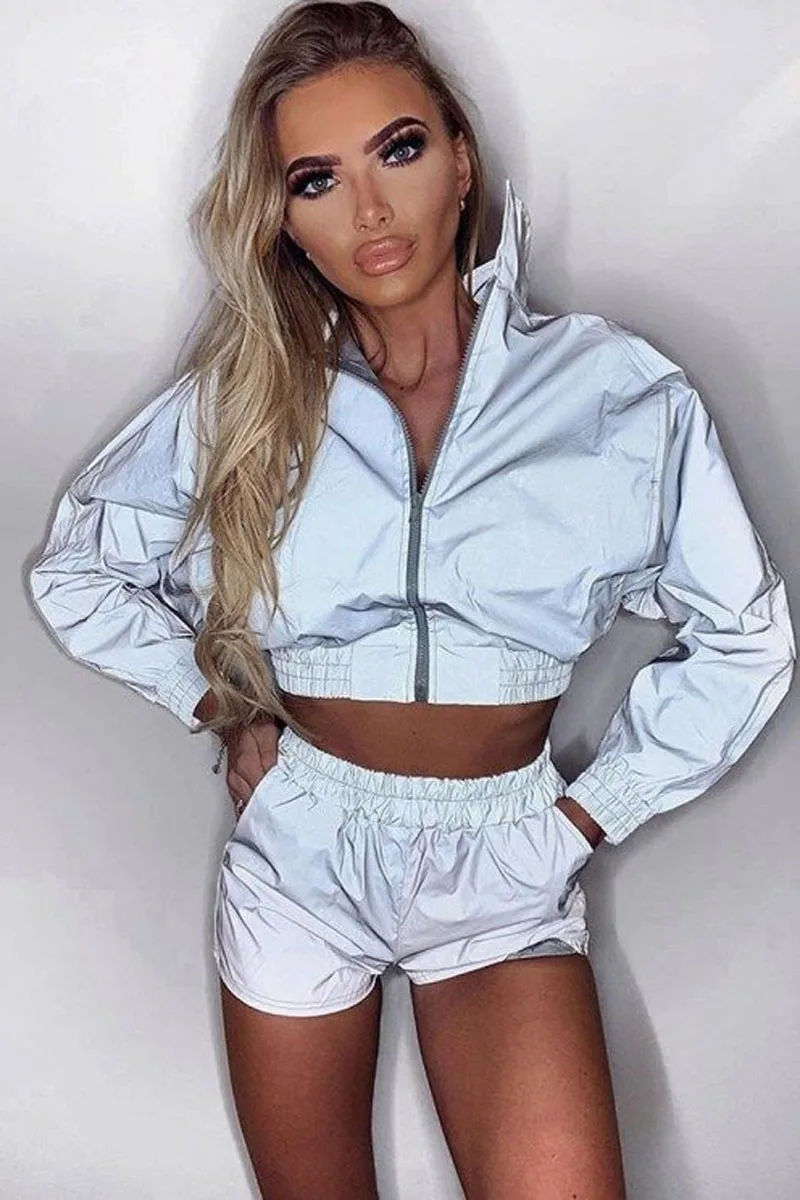 

NEW Women Clothes 2Pcs Sets Grey Reflective Zip Front Jacket + Shorts Sets Ladies Summer Tracksuit Clothing For Female