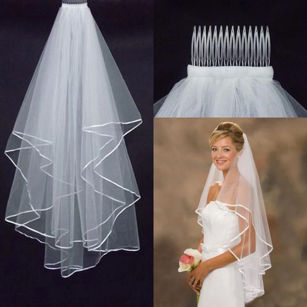 

Veu De Noiva High Quality Short Wedding Veil with Comb Bridal Veil Veil of Bride Accessories Ribbon Edge White Ivory In stock