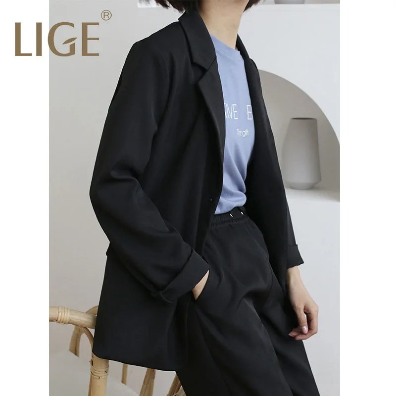 

LIGE2019 Women 2 Two Piece Sets Short Gray Solid Blazer + High Waist Pant Office Lady Notched Jacket Pant Suits Outfits Femm