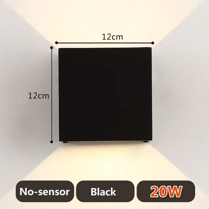 PIR датчик движения Открытый светодиодный настенный светильник квадратный водонепроницаемый IP65 крыльцо сад настенный светильник наружный светильник - Испускаемый цвет: 20W no-sensor black