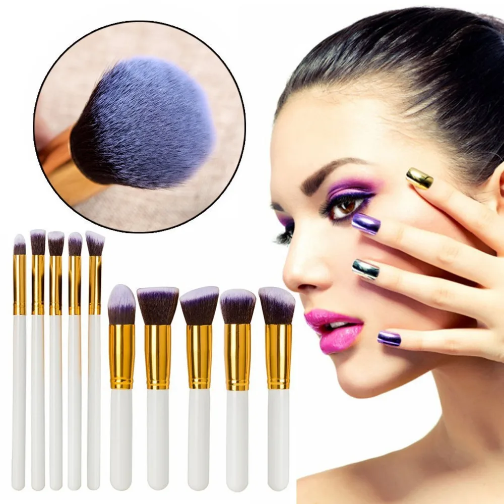

10x Pro Makeup Set Powder Foundation Eyeshadow Eyeliner Lip Cosmetic Brushes Kit Blending Pencil Kabuki Wood Handle (Gold+White)