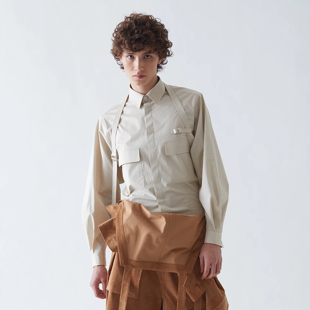 

2019 New Men's clothing Hair Stylist original fashion Two-pocket fat-sleeved overalls shirt with straps plus size costumes S-6XL