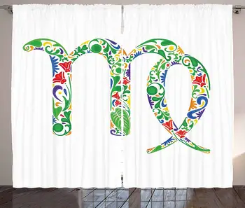 

Zodiac Virgo Kitchen Curtains Floral Symbol with Blossoms and Green Leaves Artistic and Colorful Ornaments Window Drapes