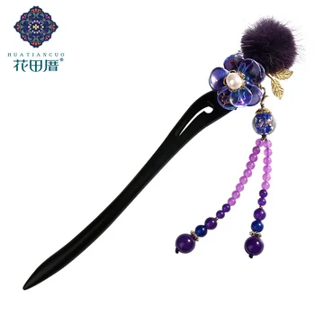 

Ethnic Tassel Handmade Hair Sticks Freshwater Pearl Purple Colored Glass BeadsBlack and ebony Female Accessories FZ-18107