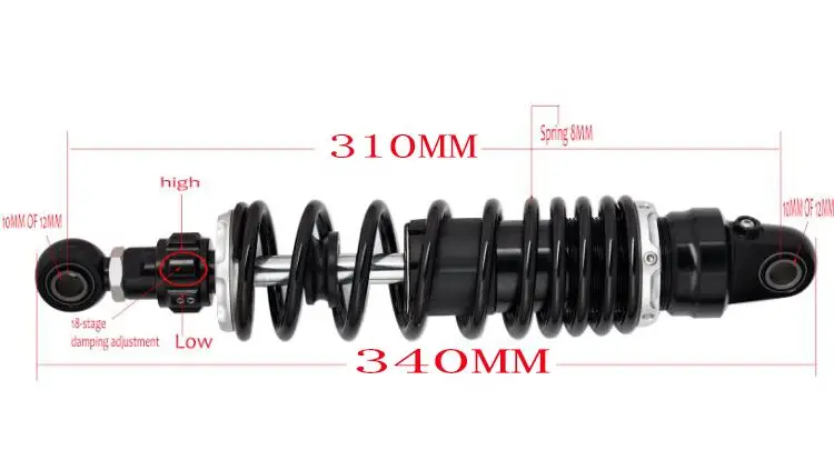 8 мм весна 305 мм 310 мм воздушные/Азотные амортизаторы для мотоцикла для Honda/Yamaha/Suzuki/Kawasaki/велосипеды грязи/ATV черный+ серебристый