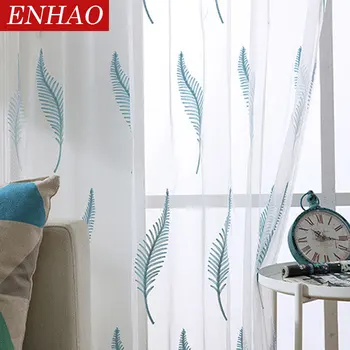 

ENHAO Embroided Tulle Curtains For Living Room Modern Sheer Voile Curtains For Bedroom Blue feather Window Curtains Home Decor