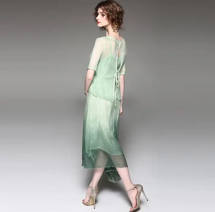 Seta Designer Colore Vestito Petto Runway Cotone Di Caviglia Estate 2018 Lunghezza Della Chiaro Donne Verde Delle Gradiente Set Ricamo 75S1vq