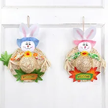 Happy Easter Party Cute Straw Hat Rabbit Door Hanging Wreath Home Wall Window Garden Decor Party Easter Ornament Accessory