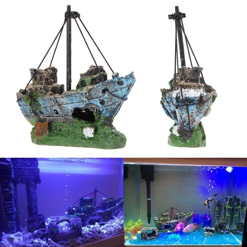

Mini Aquarium Sunk Wreck Boat Decoration Fish Tank Wreck Sailing Boat Ornament Shelter Cave For Fish Shrimp Hiding 13x5x11cm